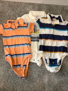 3 OshKosh B'gosh Striped Polo Bodysuits in Orange, White, Navy
